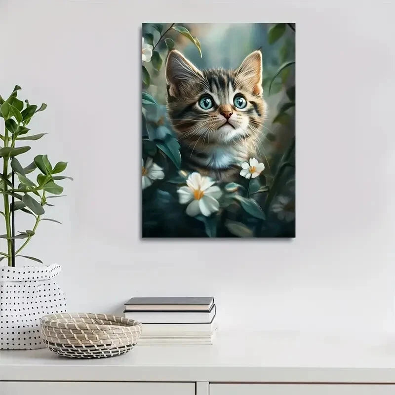Flowers And Plants Cute Tabby Kitten Painting 40x60cm Metal Print Ready to Hang