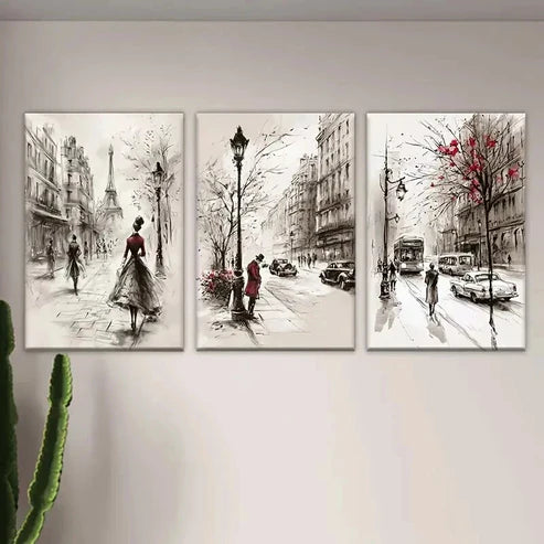 3pcs Street with People Cars and Eiffel Tower Wall Art Set Canvas Unframed - High Quality Print 100% Australian Made Wall Canvas