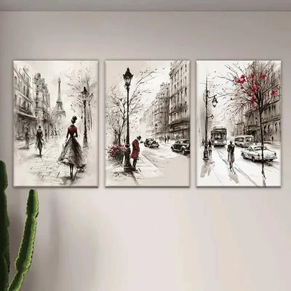3pcs Street with People Cars and Eiffel Tower Wall Art Set Canvas Unframed - High Quality Print 100% Australian Made Wall Canvas