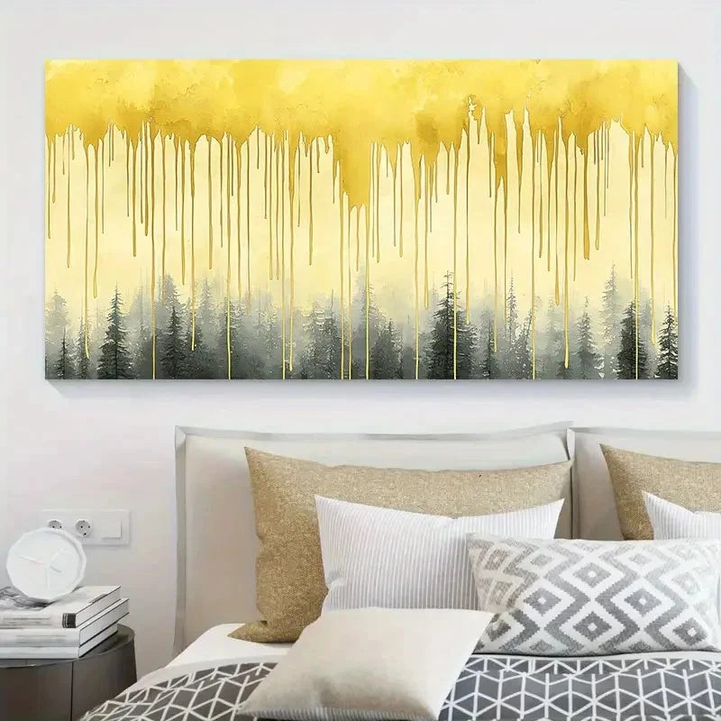 Golden Drips Over Forest Wall Art Canvas Office Home Room Framed 120x60cm