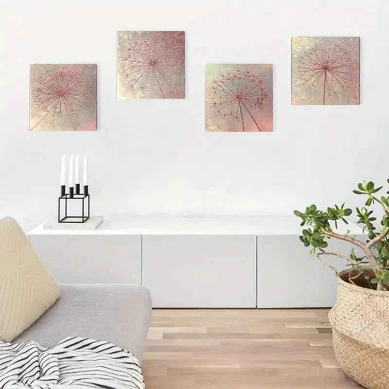 4pcs Pink Dandelion Flower Wall Art Canvas Framed