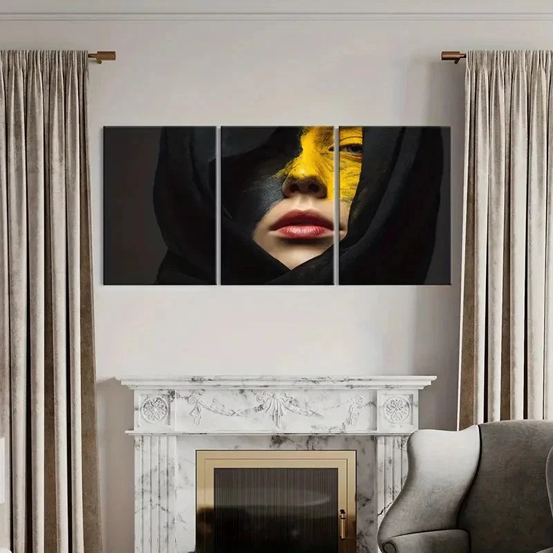 3pcs Modern Decor Yellow Black Face Red Lips  Wall Art Set Canvas Framed 60x90cm - High Quality Print 100% Australian Made Wall Canvas Ready to Hang