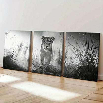 3pcs Wildlife Lion Modern Animal Painting Wall Art Set Canvas Framed 60x90cm - High Quality Print 100% Australian Made Wall Canvas Ready to Hang