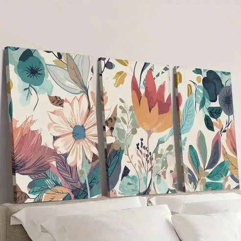 3pcs Boho Floral Vibrant Flowers & Leaves Wall Art Canvas Unframed – High Quality Print 100% Australian Made Wall Canvas