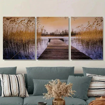 3pcs Scenic Lake Sunset Triptych Paintings Wall Art Canvas Unframed - High Quality Print 100% Australian Made Wall Canvas