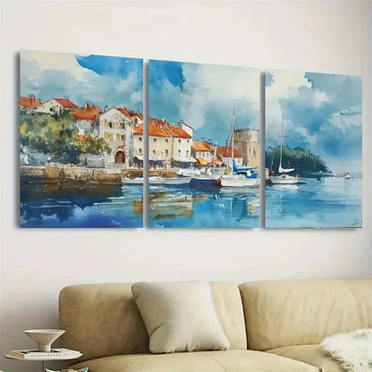 3pcs Vibrant Coastal Scene with Boats Wall Art Set Canvas Unframed - High Quality Print 100% Australian Made Wall Canvas - Bella Home Decor
