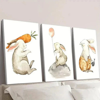 3pcs Rabbits with Carrot & Balloon Wall Art Canvas Unframed – High Quality Print 100% Australian Made Wall Canvas