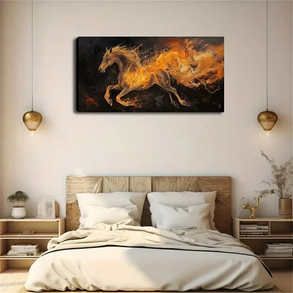 A Horse Running Flames Burning Wall Art Canvas Office Home Room Framed 120x60cm - Bella Home Decor