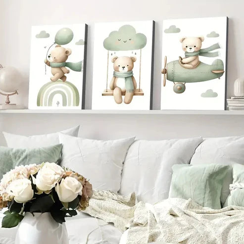 3pcs Modern Wooden Airplane Rainbow Bear Balloon Wall Art Set Canvas Unframed - High Quality Print 100% Australian Made Wall Canvas