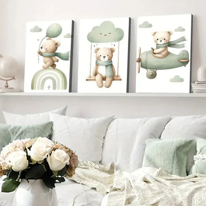 3pcs Modern Wooden Airplane Rainbow Bear Balloon Wall Art Set Canvas Unframed - High Quality Print 100% Australian Made Wall Canvas