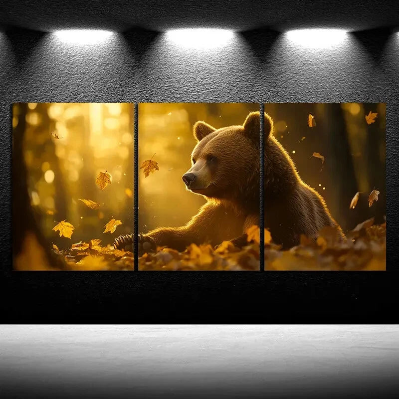 3pcs Bears in the Forest Golden Leaves Metal Print Ready to Hang Art - Bella Home Decor
