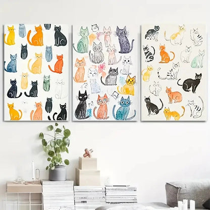 3pcs Cat Cartoon Colorful Cat Illustrations   Wall Art Set Canvas Framed 50x70cm - High Quality Print 100% Australian Made Wall Canvas Ready to Hang - Bella Home Decor