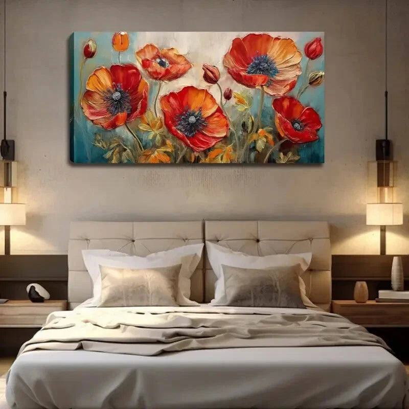 Red Poppy Flowers Orange Wall Art Canvas Office Home Room Framed 120x60cm - Bella Home Decor
