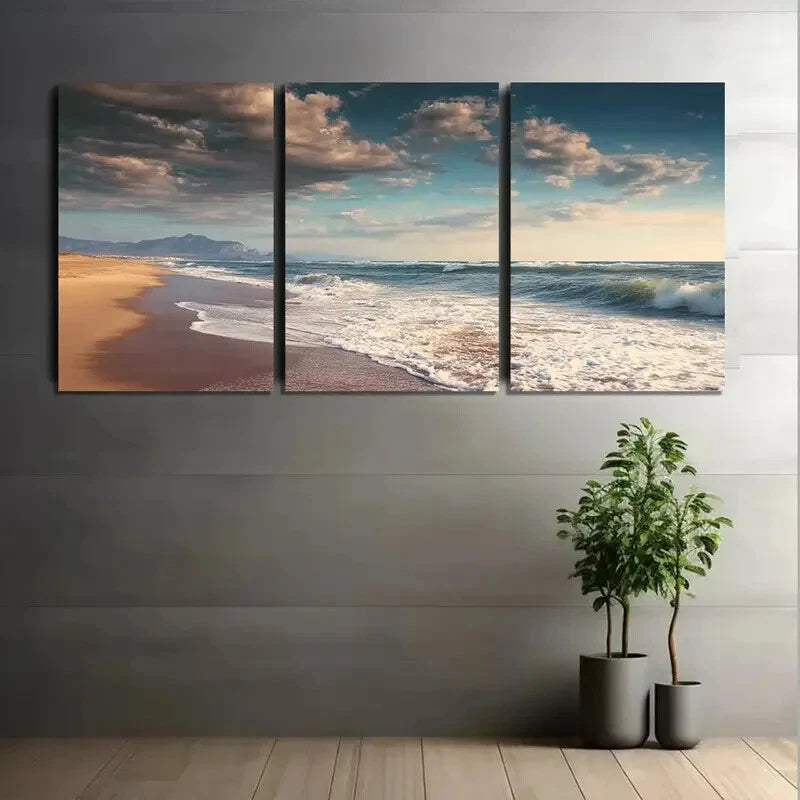 3pcs Coastal Scenes with Golden Sand Cloud Sky Metal Print Ready to Hang Art - Bella Home Decor