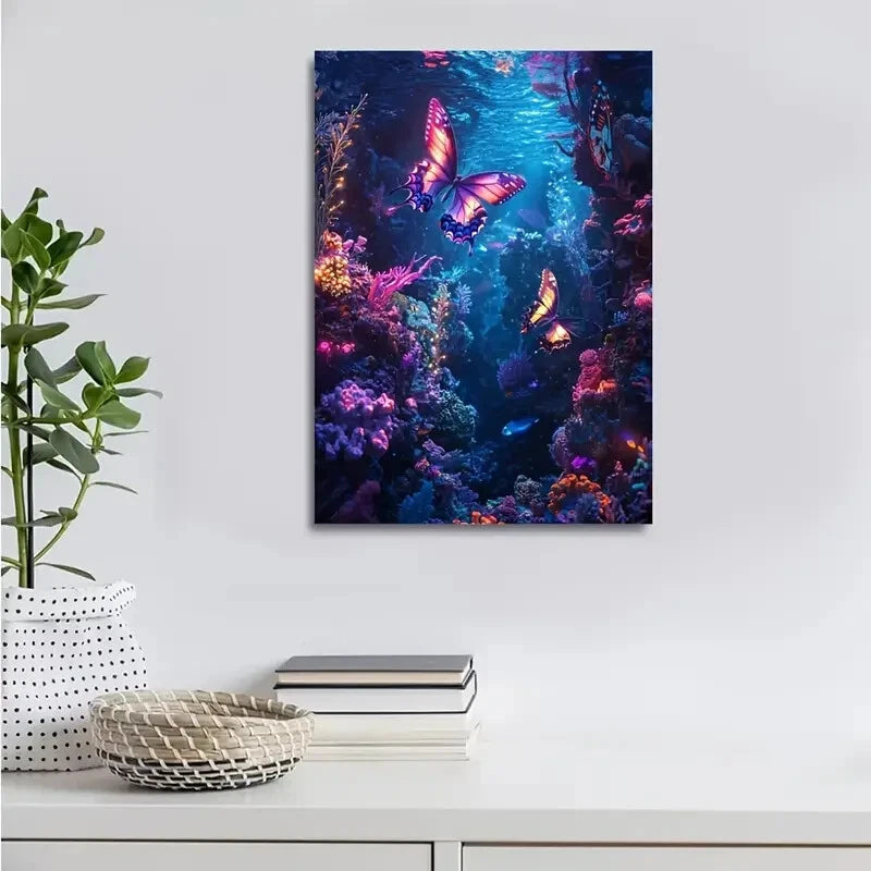Dreamlike Coral Reef Scene with Glowing Neon Painting 40x60cm Metal Print Ready to Hang - Bella Home Decor