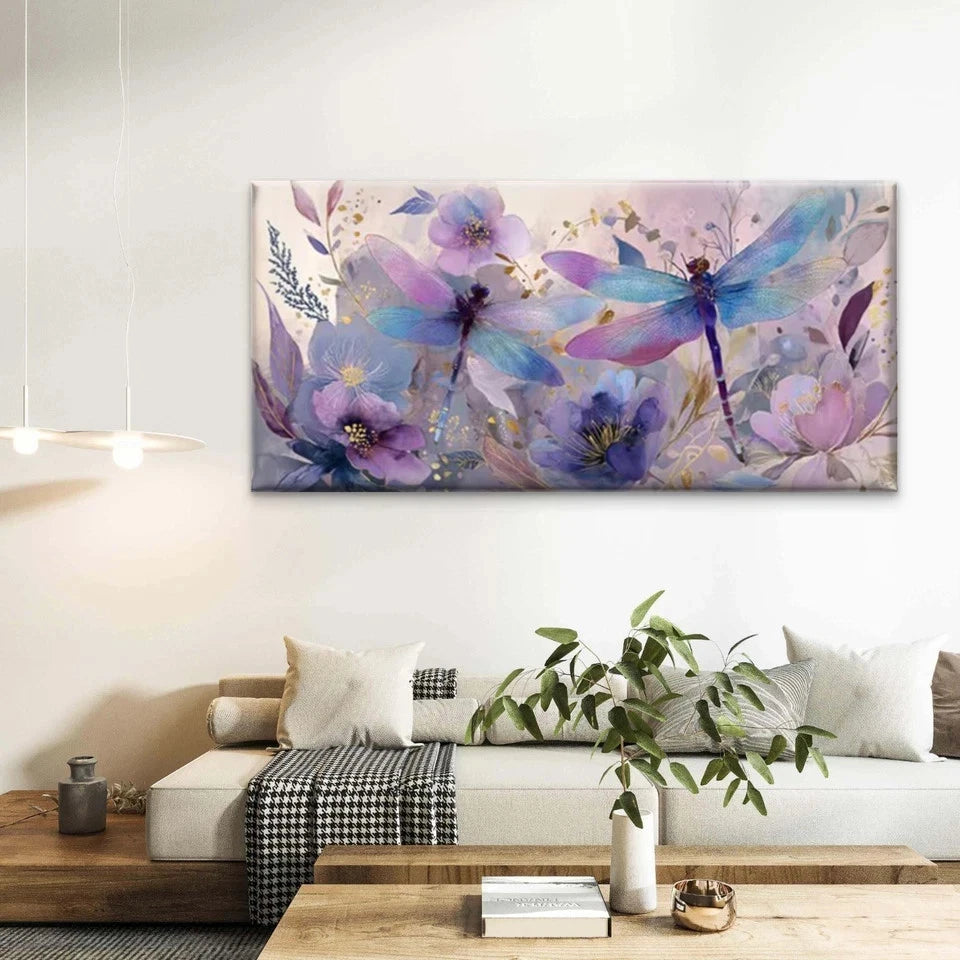 Dragonflies & Flowers Wall Art Canvas Office Home Room Framed 120x60cm