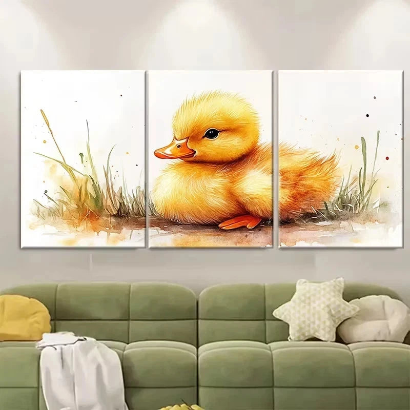 3pcs Watercolor Duckling Yellow Baby Duck Wall Art Set Canvas Framed 50x70cm - High Quality Print 100% Australian Made Wall Canvas Ready to Hang