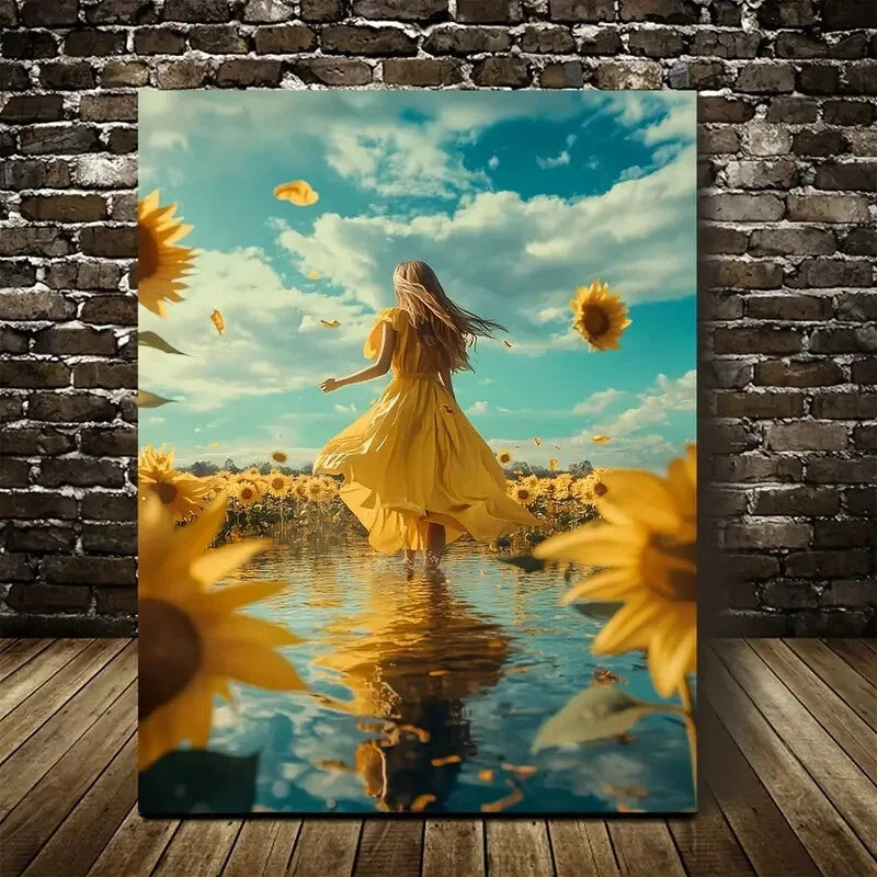 Vibrant Sunflower Field Painting with Woman Walking 40x60cm Metal Print Ready to Hang - Bella Home Decor