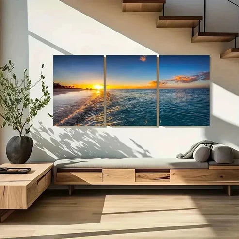 3pcs Beach with Yellow and Blue Skies Wall Art Canvas Unframed - High Quality Print 100% Australian Made Wall Canvas - Bella Home Decor