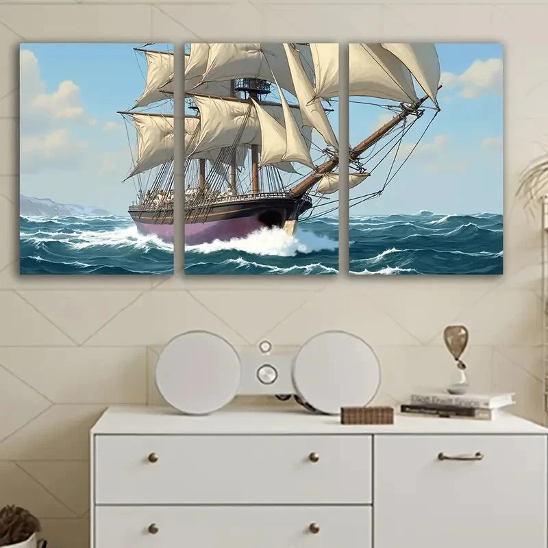 3pcs Tall Ship Artwork Wall Art Set Canvas Framed 50x70cm - High Quality Print 100% Australian Made Wall Canvas Ready to Hang