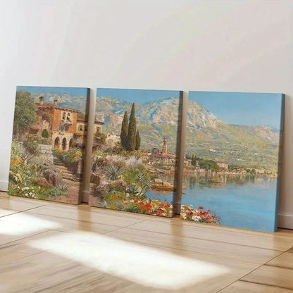 3pcs Lakeside Garden Landscape Vintage Wall Art Set Canvas Framed 60x90cm - High Quality Print 100% Australian Made Wall Canvas Ready to Hang - Bella Home Decor