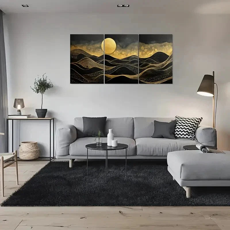 3pcs Golden Moon and Black Waves Metal Print Ready to Hang Art - Bella Home Decor