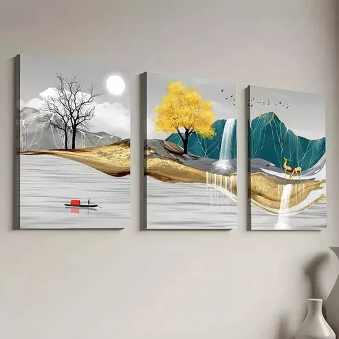 3pcs Modern Abstract Golden Nature Landscape Canvas Unframed - High Quality Print 100% Australian Made Wall Canvas