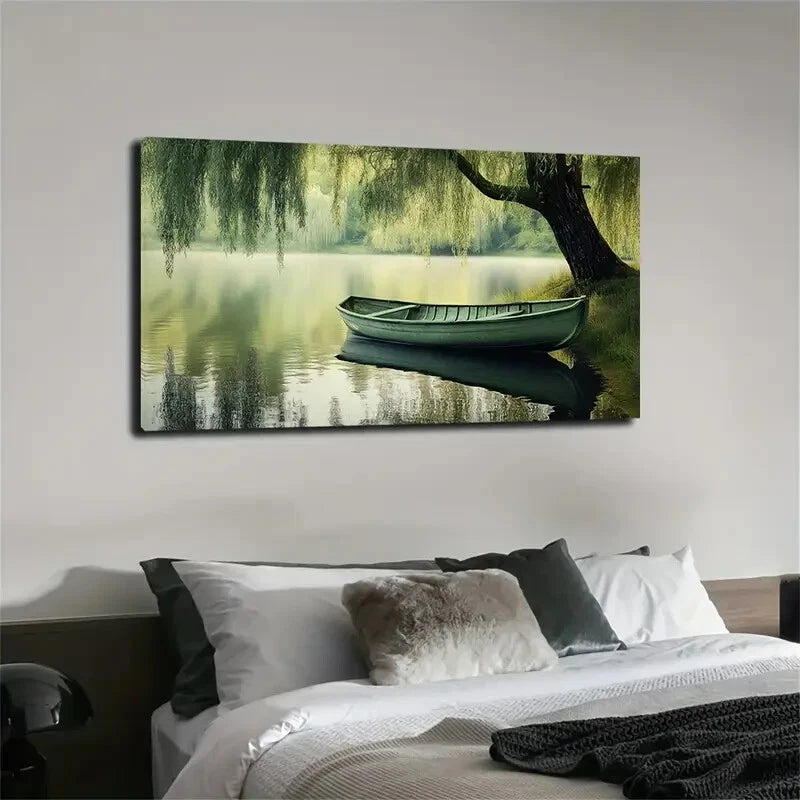 Serene Lake Scene Boat Décor Wall Art Canvas Office Home Room Framed 120x60cm - Bella Home Decor