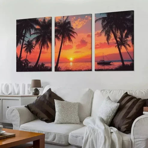 3pcs Silhouette Coconut Palm Trees on Beach Canvas Unframed - High Quality Print 100% Australian Made Wall Canvas