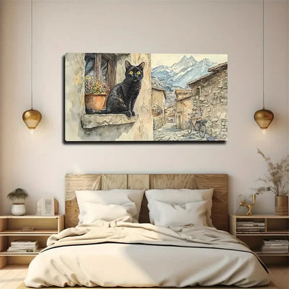 A Black Cat with Yellow Pupils Wall Art Canvas Office Home Room Framed 120x60cm - Bella Home Decor