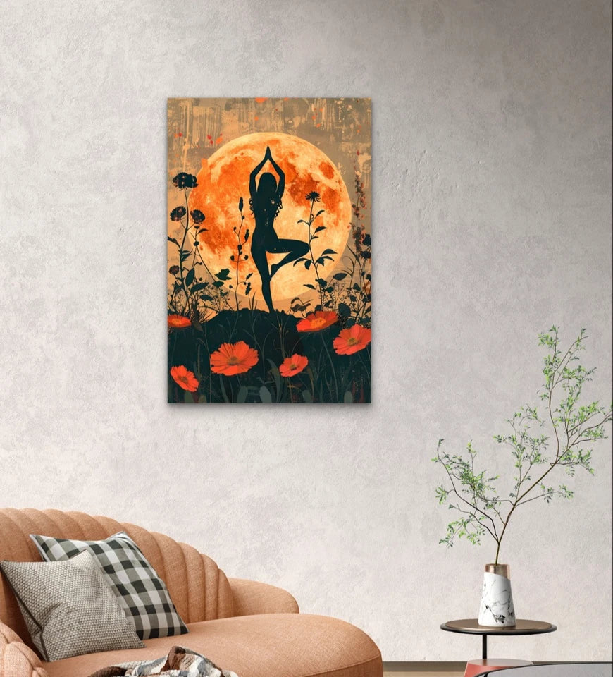 Sunset Yoga Silhouette and Flower Illustration 40x60cm Metal Print Ready to Hang