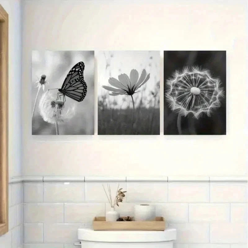 3pcs Butterfly, Dandelion, Wildflower B and W Wall Art Set Canvas Framed 60x90cm - High Quality Print 100% Australian Made Wall Canvas Ready to Hang - Bella Home Decor