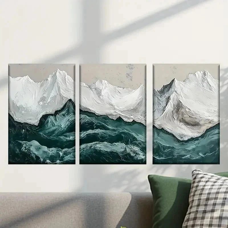 3pcs Snowy Mountains and Green Water Wall Art Set Canvas Framed 50x70cm - High Quality Print 100% Australian Made Wall Canvas Ready to Hang