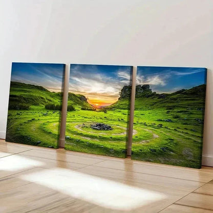 3pcs Green Grass Sunset Scenery Natural Wall Art Set Canvas Unframed - High Quality Print 100% Australian Made Wall Canvas