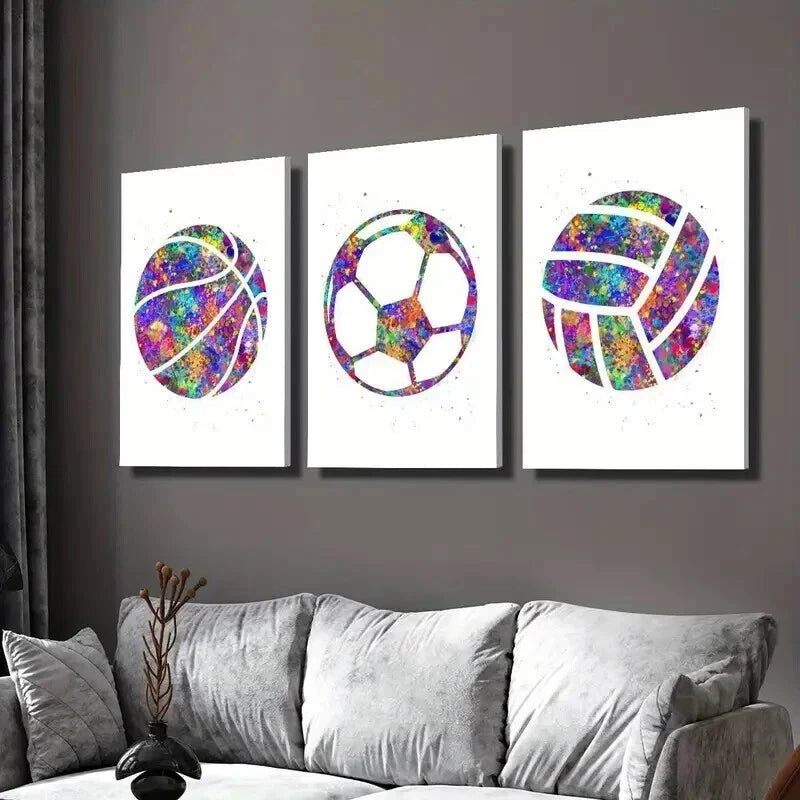 3pcs Colorful Basketball Volleyball & Soccer Wall Art Set Canvas Framed 60x90cm - High Quality Print 100% Australian Made Wall Canvas Ready to Hang