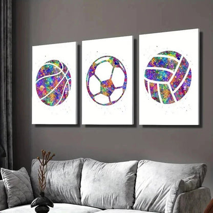 3pcs Colorful Basketball Volleyball & Soccer Wall Art Set Canvas Framed 60x90cm - High Quality Print 100% Australian Made Wall Canvas Ready to Hang