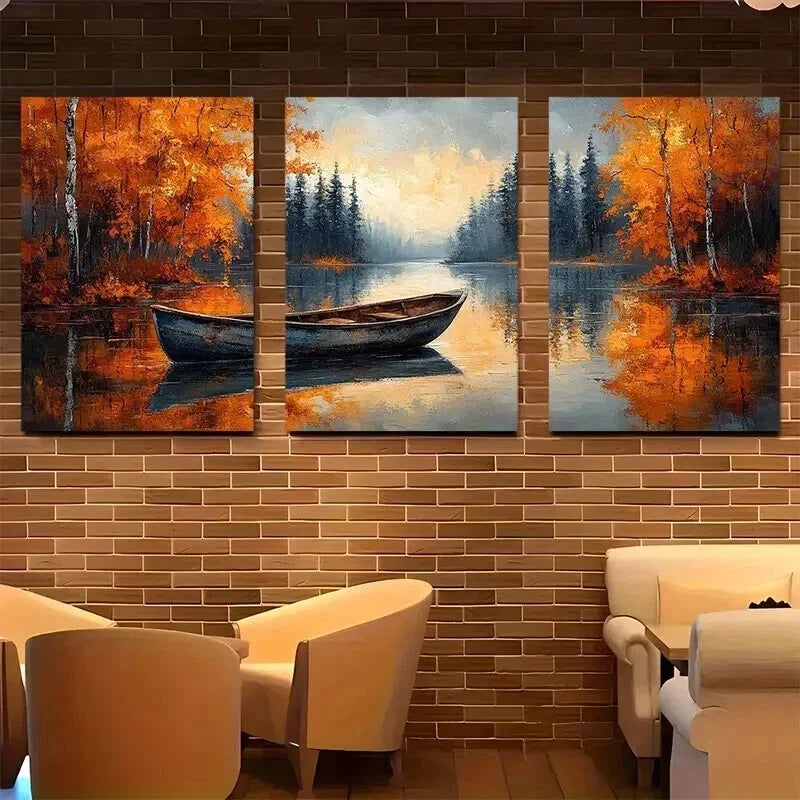 3pcs Autumn River Boat Rustic Fall Perfect Wall Art Set Canvas Framed 50x70cm - High Quality Print 100% Australian Made Wall Canvas Ready to Hang - Bella Home Decor