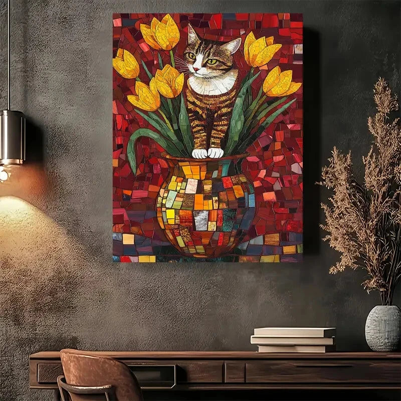 Beautiful Cat In Tulips Mosaic Modern Vintage Painting 40x60cm Metal Print Ready to Hang - Bella Home Decor