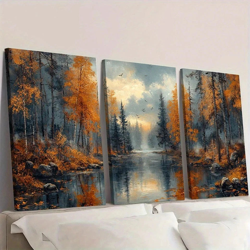 3pcs Autumn River Forest Vintage Antique Style Wall Art Set Canvas Framed 60x90cm - High Quality Print 100% Australian Made Wall Canvas Ready to Hang - Bella Home Decor