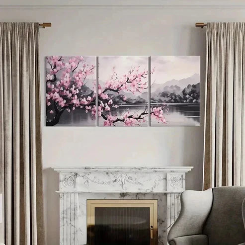3pcs Tranquil Lake & Japanese Sakura Wall Art Canvas Unframed - High Quality Print 100% Australian Made Wall Canvas