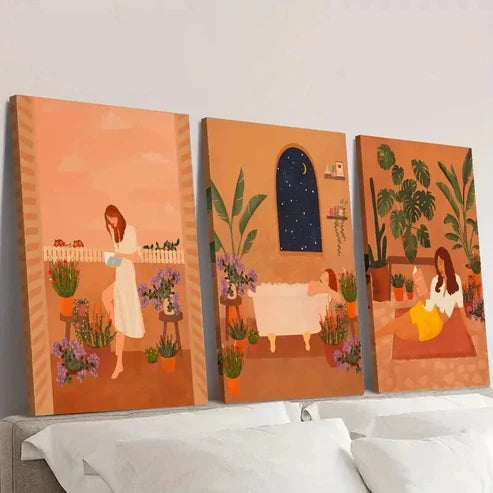 3pcs Serene Plant & Girl Illustrations Wall Art Canvas Unframed – High Quality Print 100% Australian Made Wall Canvas