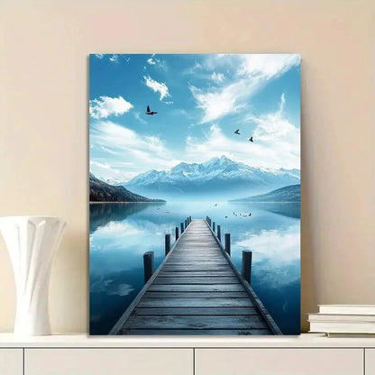Wooden Bridge Leading To The Lake, Blue Sky And White 40x60cm Metal Print Ready to Hang