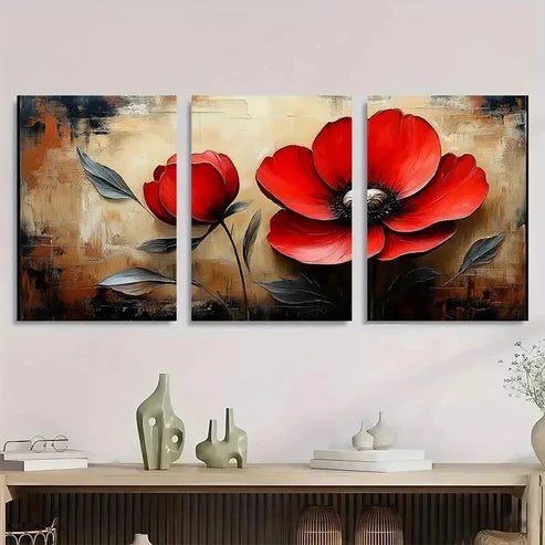 3pcs Red Flower Beige Vintage Wall Art Canvas Unframed - High Quality Print 100% Australian Made Wall Canvas
