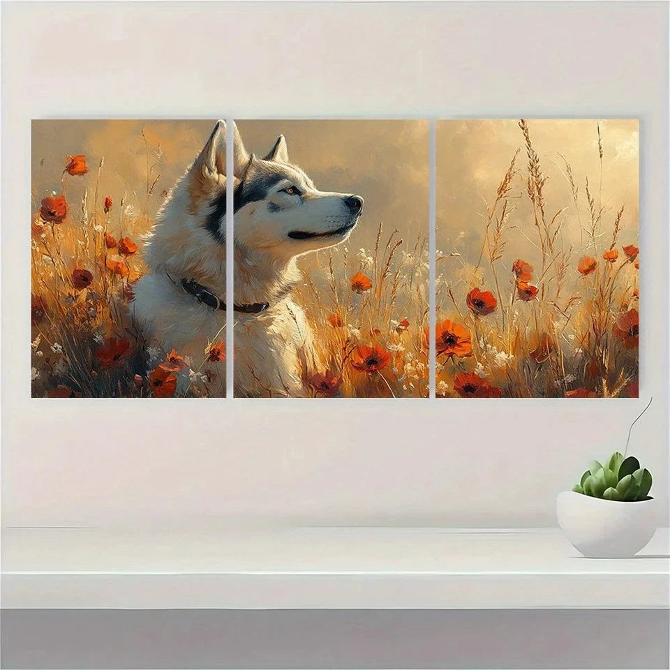 3pcs Husky Dog in Flower Field Wildflower Metal Print Ready to Hang Art - Bella Home Decor