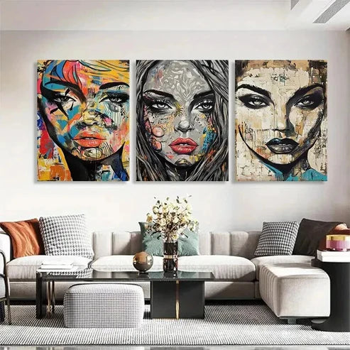 3pcs Colorful Faces with Mixed Media Perfect Wall Art Set Canvas Unframed - High Quality Print 100% Australian Made Wall Canvas - Bella Home Decor