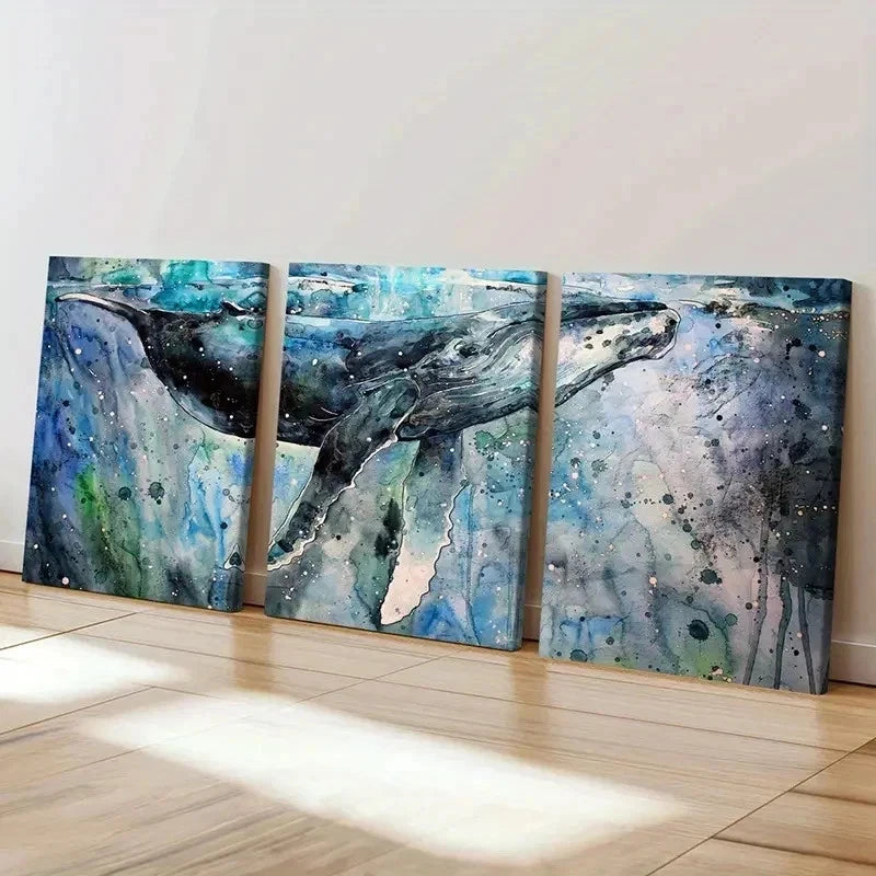 3pcs Sea Life Mammals Whales Splash Ink Wall Art Set Canvas Framed 50x70cm - High Quality Print 100% Australian Made Wall Canvas Ready to Hang