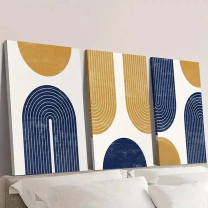 3pcs Golden Navy Blue Geometric Shapes & Lines Wall Art Set Canvas Unframed - High Quality Print 100% Australian Made Wall Canvas - Bella Home Decor