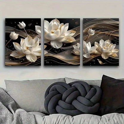 3pcs Elegant White for Lotus Flowers Wall Art Set Canvas Framed 50x70cm - High Quality Print 100% Australian Made Wall Canvas Ready to Hang