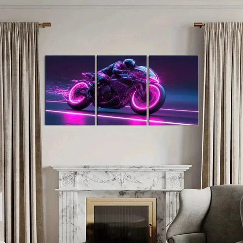 3pcs Cyberpunk Motorcycle Neon Pink & Purple Wall Art Canvas Unframed - High Quality Print 100% Australian Made Wall Canvas - Bella Home Decor