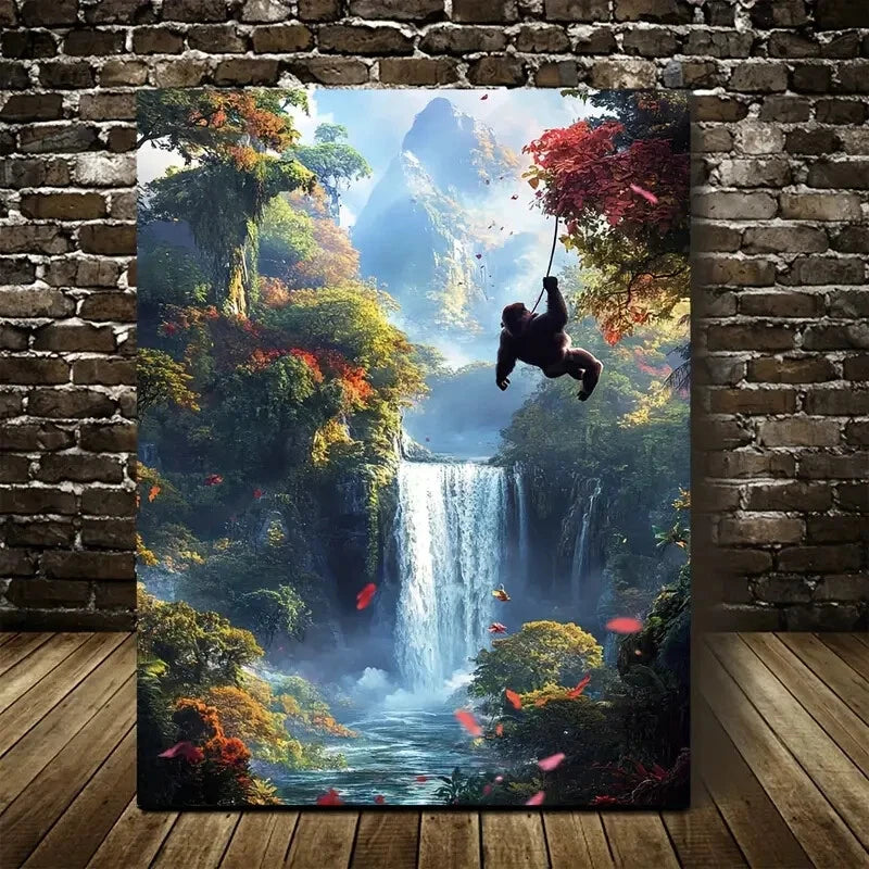 Colorful Jungle Scene with Waterfall Gorilla Painting 40x60cm Metal Print Ready to Hang - Bella Home Decor
